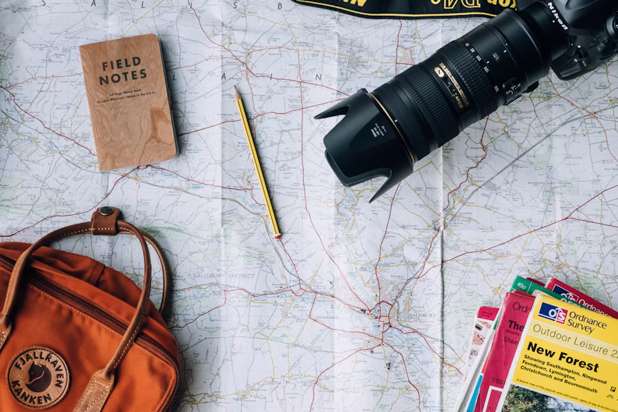 Travel gear arranged on a route map